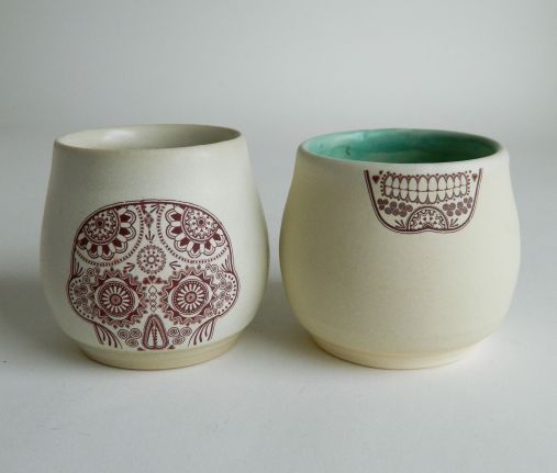 Pair of Sugar Skull Cups with Creepy Detached Jaw, 3.5